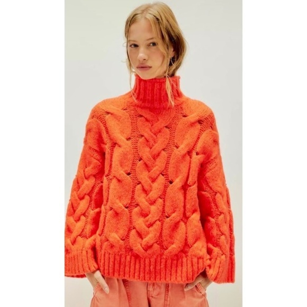 NWT!! FREE PEOPLE Clementine SoftSpun Cable‎ Knit Pullover Solid Orange Small